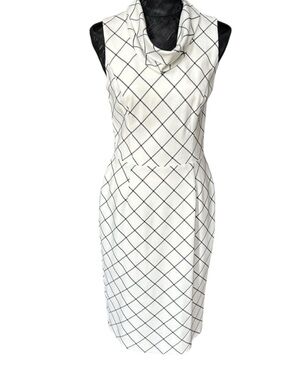 White House Black Market Ivory Windowpane Cowl Neck Sheath Dress Size 4